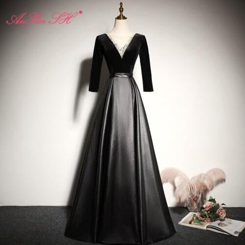 AnXin SH princess black satin evening Dress luxury vintage party bride o neck half sleeve a line velvet lace up evening dress