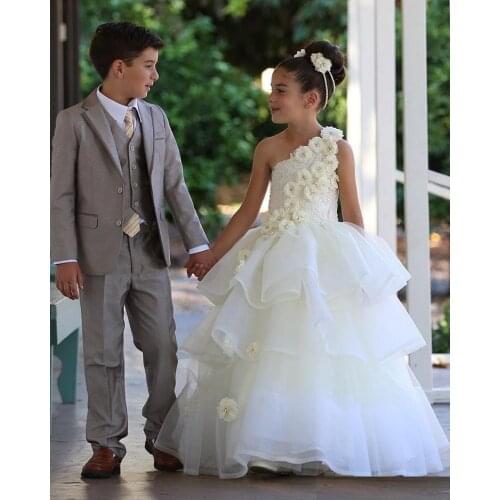 Kids One Shoulder Lace Flower Girls' Dresses For Weddings Beading Tiered Ruffles Little Girl Party First Communion Dress