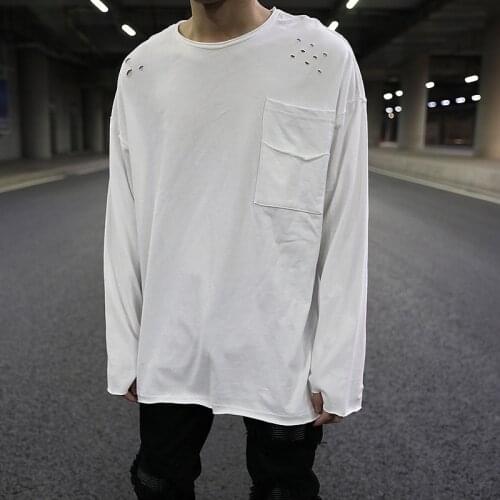 European and American high street style pockets without edge sleeves loose solid color bottoming shirt street hip-hop cotton lon