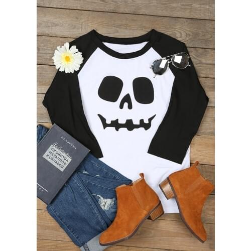 Halloween Grimace Printed Baseball T-Shirt funny ghost pumpkin face autumn new Three-Quarter tees grunge party tops tumblr shirt