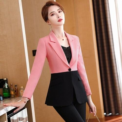 IZICFLY Spring Autumn New Style Pink Patchwork Woman Suits With Pant Two Piece Set Ladies Novelty Business Blazer and Trouser