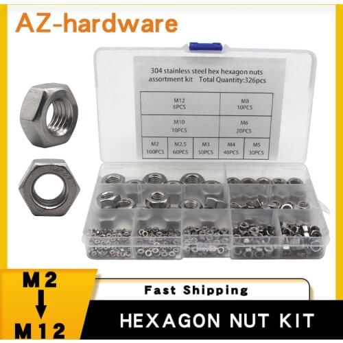 326PCS 304 Stainless Steel Metric Hex Nuts Set DIN934 M2 M2.5 M3 M4 M5 M6 M8 M10 M12 Hex Hexagon Nuts Kit