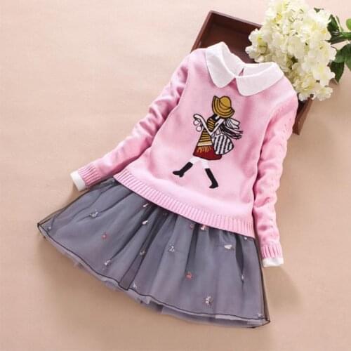 Europe and the United States 2019 autumn The new Parent-child outfit Long sleeve cartoon sweater + Lapel dress Girls suit