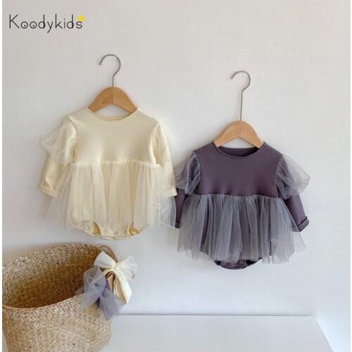 Koodykids New Baby Girl Spring Bodysuits Vintage Dress Rompers Toddler Princess Party Dress Mesh With Headband Clothes Autumn