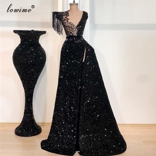 New Arrival Black Special Glitter Prom Dress 2020 Long Sexy Muslim Abendkleider Arabic Evening Dress Customize Vestidos Party