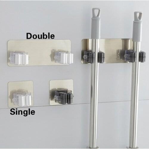 Single/Double Magic Stick Strong Hook Seamless Recycling Bathroom Mop Hanger Bathroom Wall Nail-free Mop Clip Card Holder