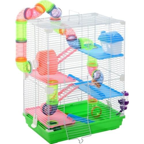 PawHut 5 storey hamster cage with ladder drinking trough wheel and tunnel 46x30x58cm Green & White