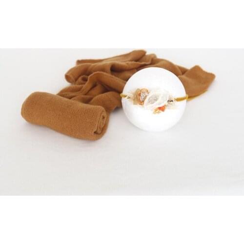 Brown Baby Knit Stretch Wrap Flower Headband Set Props Handmade Floral Tieback Baby Swaddle Sack Newborn Shoot Photography Props