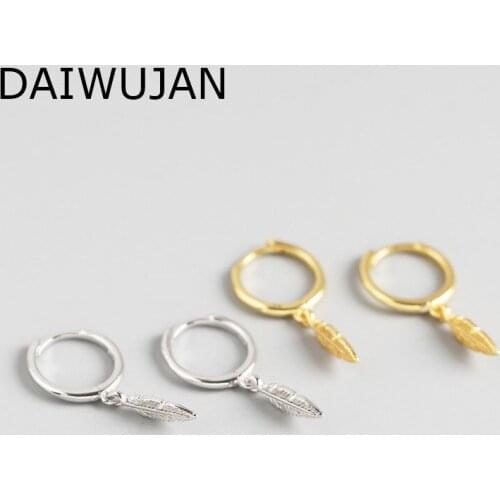 DAIWUJAN Minimalist Real 925 Sterling Silver Feather Pendant Hoop Earrings Gold Color Geometric Women Earrings Party Jewelry