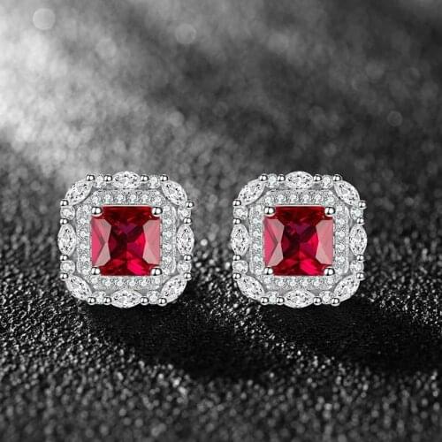 Megin D 14k White Gold Square Red Stone Crystal Luxury Full Zircon Vintage Boho Stund Piercing Earrings for Women Couple Jewelry