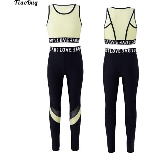 2Pcs Kids Girls Sport Suit Round Neck Sleeveless Racer Back Letters Print Patchwork Crop Vest And Pants Set For Running Gym Yoga