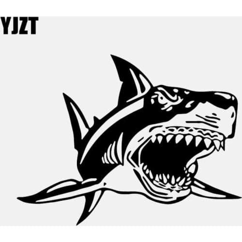 YJZT 15.5CM*11.8CM Vinyl Decal Angry Shark Fish Teeth Ocean Sea Car Sticker Black/Silver C24-0605