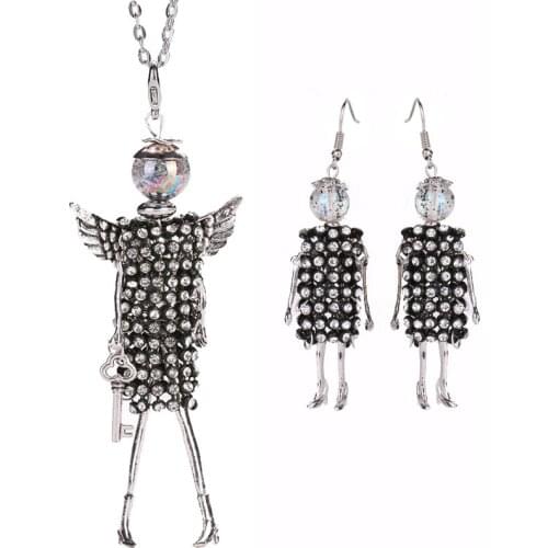YLWHJJ new women Rhinestone doll pendant cute necklace girl earring crystal fashion statement necklace and earring Jewelry Sets