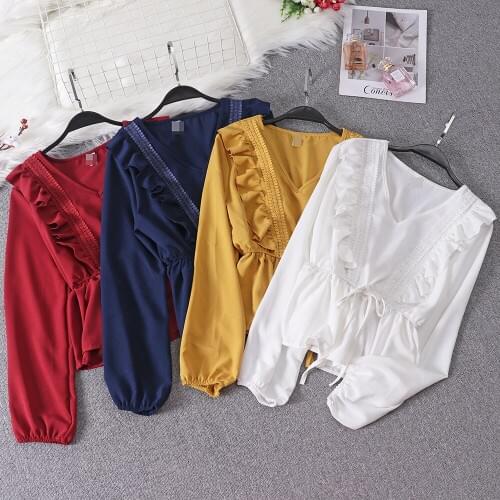 Women Summer Lantern Sleeve V-Neck Ruffles Strap Bow Shirt Casual Elastic Slim High Waist Pullover Lace Up Bandage Blouse Tops