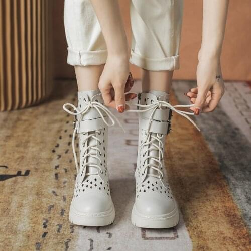 Ladies Martin Boots Summer Hollow Breathable In The Tube Thick Bottom British Style Lace-Up Temperament Single Boots