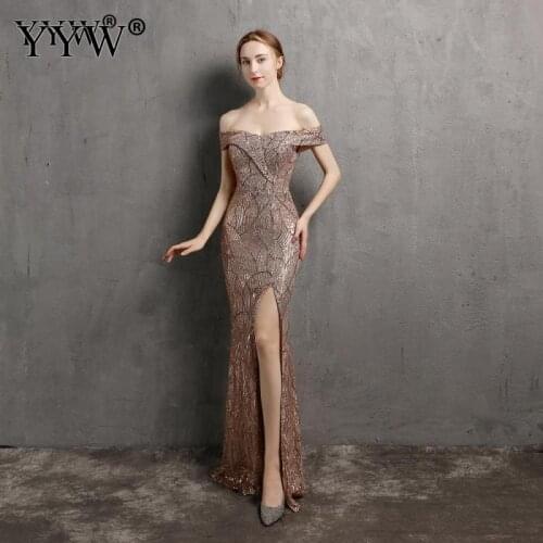 Women Elegant Sequins Long Evening Dress Cocktail Party Wedding Long Vestidos Sexy Off Shoulder Slash Neck Banquet Robe Dresses