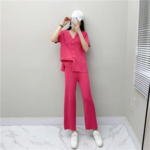 Women knitted long sleeve o-neck crop top wide leg pants 2 piece set for female women tops pants two pieces sets womens suits