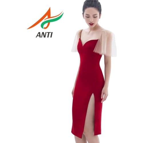 ANTI Red Sexy V Neck 2019 High Split Cap Sleeve Graduation Dresses Short Sleeve Backless Vintage Satin vestidos de graduacion