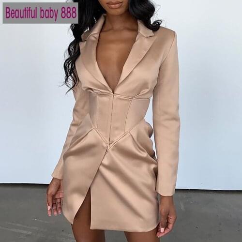 2021 New autumn winter V neck khaki sexy blazer dress Women bodycon elegant thin coat outwear Female party club night blazer