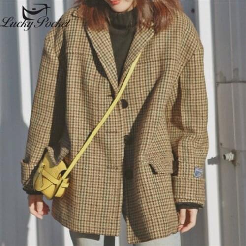 Women Autumn Winter Brown Wool V-Neck Plaid Coat Female Solid Color Plus Size Outerwear Ladies Brand Casual Thick Parkas ZM180