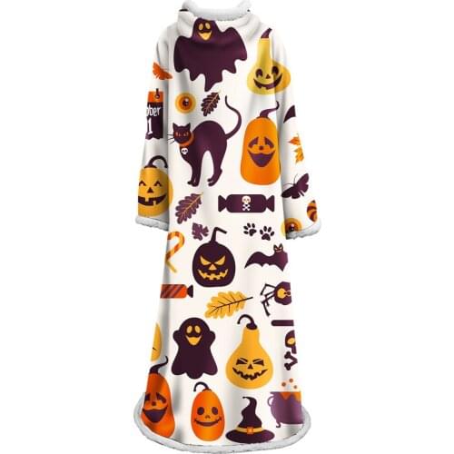 3D Halloween Sleeve Blanket Pumpkin Cat Printed Fleece Blanket Winter Warm Plush Wearable Throw Blankets Adults Cloak Hoodie
