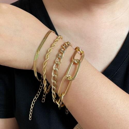 4pcs Simple Gold Silver Color Metal Twisted Chain Bracelets Set for Women Punk Cuban Chain Bracelet On Hand 2021 Fashion Jewelry