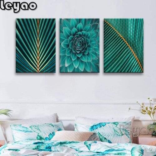 Diamond Mosaic Tropical Plant Banana Leaf Diamond Painting Kits Triptych Green Leaf Wall Art Bathroom Modern Abstract Art Decor