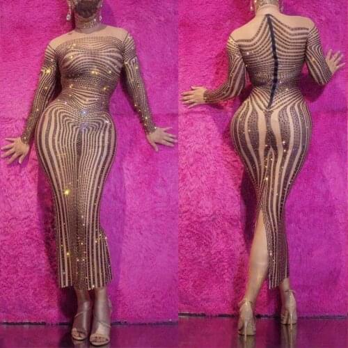 Sparkly Rhinestones Striped Dress Long Sleeve Elastic Skinny Crystals Outfit Luxury Stage Singer Host Concert Party Show Costume
