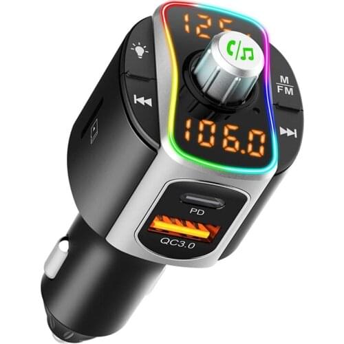 Bluetooth 5.0 Car FM Transmitter,Car Audio Adapter Receiver,QC3.0 Charging Hands Free Car Kit With 7-Color Backlit