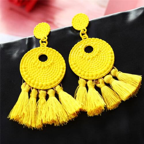 Bohemian Yellow Big Statement Fringe Earrings Women Handmade Tassel Beads Drop Earrings Candy Color Girls Hanging Brincos