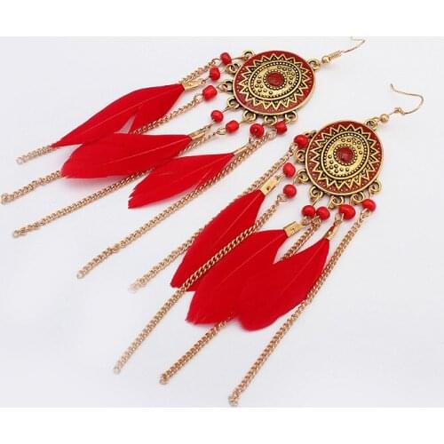 Long Feather Pendant Earrings Fashion Round Vintage Bohemian Tassel Earring For Women Multicolor Jewelry Wholesale Mrs win