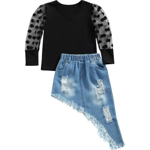 FOCUSNORM 2-7Y Fashion Kids Girls 2pcs Clothes Sets Polka Dot Mesh Long Sleeve T Shirts Tops Elastic Waist Cropped Skirt