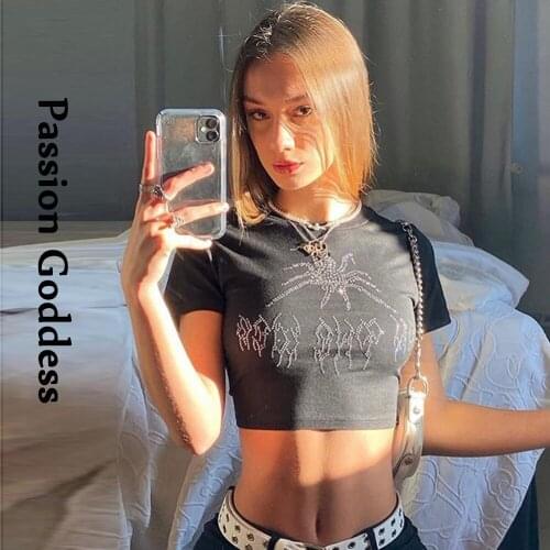 Harajuku Women Spider Diamond Cropped Shirts Short Sleeve Slim Black T Shirt Femme Hot Drilling Rhinestone Tee Shirts Crop Tops