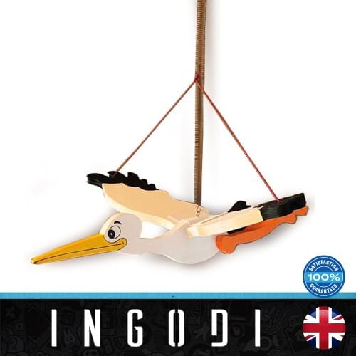 INGODI handmade cute stork hanging springy wooden toy home, toddler and kids room decoration
