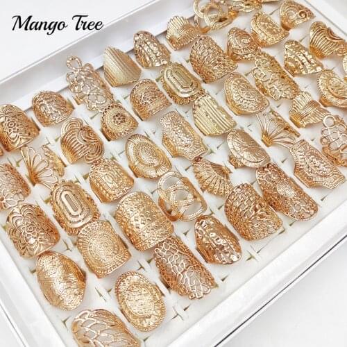 20Pcs/Lot Mix Hollow Carved Flower Ring Vintage Gold Leaf Punk Band for Women Jewelry Wedding Finger Rings Party Gift