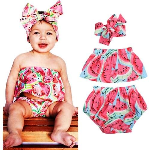 3Pcs Toddler Baby Girl Outfit Watermelon Romper Off Shoulder Tops Shorts Clothes Set
