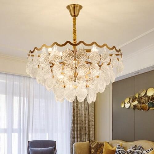Living Room Round Gold Metal E14 Pendant Lights Glass Sheet Chain Pendant Chandelier Lighting Led Indoor Lighting Lamp Fixtures