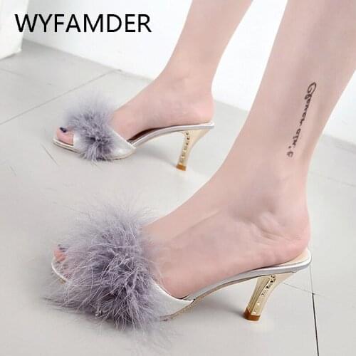 WYFAMDER Hot 2021 Sexy Fur Women Mules Slippers Slingback Lady Pumps Women Sandals Thin High Heels Plus Size 40 WP16