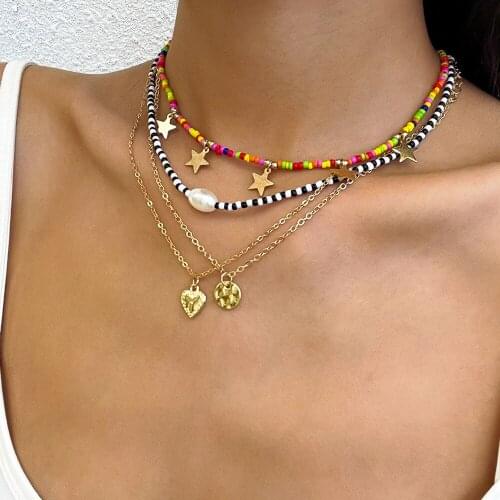 Marioho Boho Rice Beads Star Pendant Multi-layer Necklaces Colorful Beaded Choker Handmade Diy Chain Fashion Jewelry Gifts