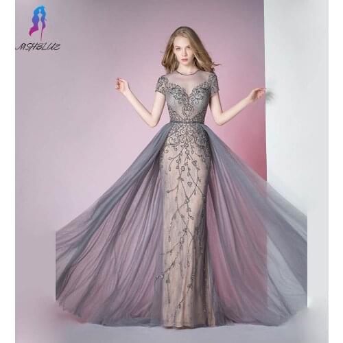 MSHBLUE Luxury Gray Crystals Evening Dresses Long Cap Sleeve Tulle Formal Dress Evening Gown Robe De Soiree