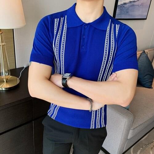 Sleeve Summer Short Mens Polos Slim Fit Casual Polo Homme 4XL Social Knitting Slim Polo British Style Stripes Polo Shirt Men