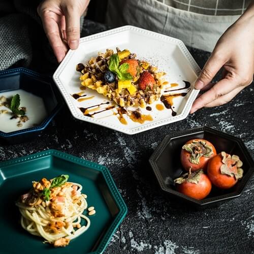 MUZITY Ceramic Plate Octagon Shape Dinner Plate Embossed Salad or Dessert Dish 7inch