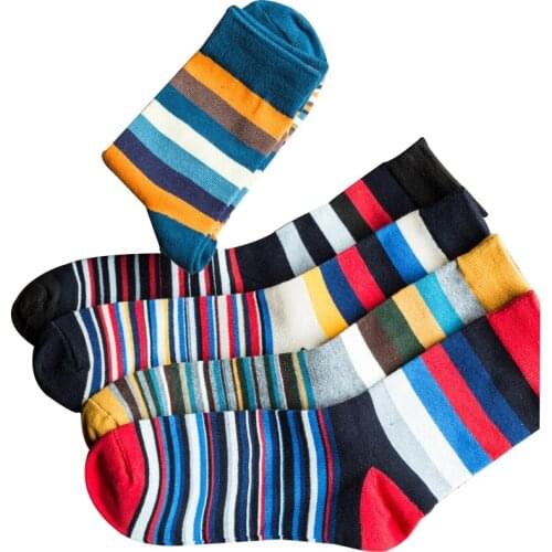 5 pairs men socks Spring & autumn Fashionable striped rainbow cotton mens business socks for business