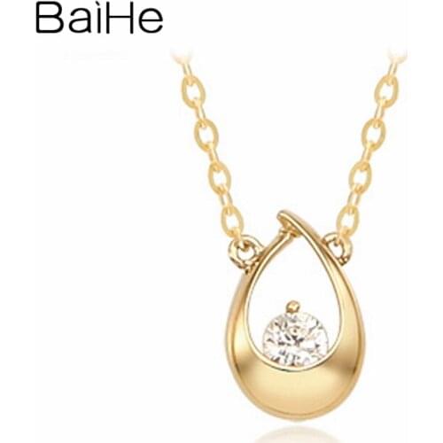 BAIHE Solid 18K Yellow Gold 0.14ct Round Natural Diamond Women Engagement Fine Jewelry Beautiful diamond drop type Necklaces