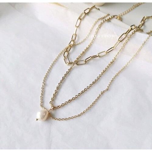 Natural Fresh Water Pearl Choker Necklace Brass Chain 3 Loop W/14K Gold Real for Women Lady Party Wedding Jewellery 2021 Hotsell