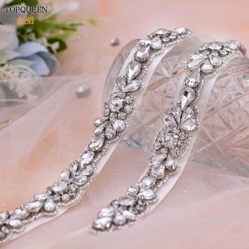 TOPQUEEN S235 Vintage Rhinestone Bridal Belt Plus Size Diamond Belt Bling Beaded Applique Designs Bridal Belt Thin Wedding Belt