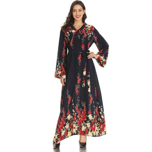Ramadan Women Floral Long Sleeve Dress Abaya Muslim Chiffon Party Gown Islamic Print Maxi Cocktail Dresses Kaftan Arab Robe
