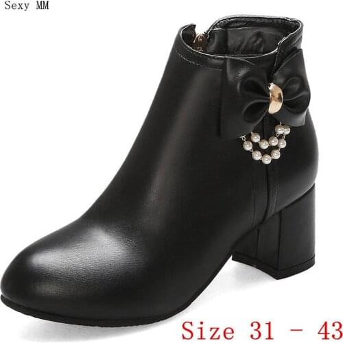 Spring Autumn Med High Heels Women Ankle Boots High Heel Shoes Woman Short Boots Small Plus Size 31 32 33 - 41 42 43