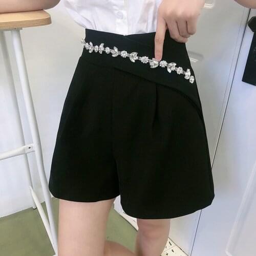 Fashion Tide Shorts with Rhinestones Diamonds Chain Shorts Women Summer Temperament High Waist Solid Color Casual Short Pants