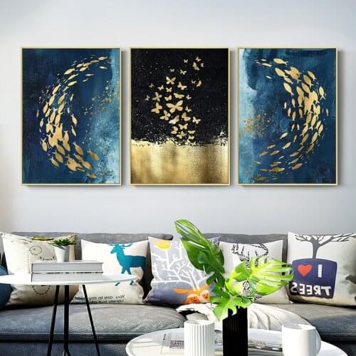 Modern Light Luxury Nordic Blue Living Room Oil Painting Gold Foil Fish School Abstract Mural Painting Core
